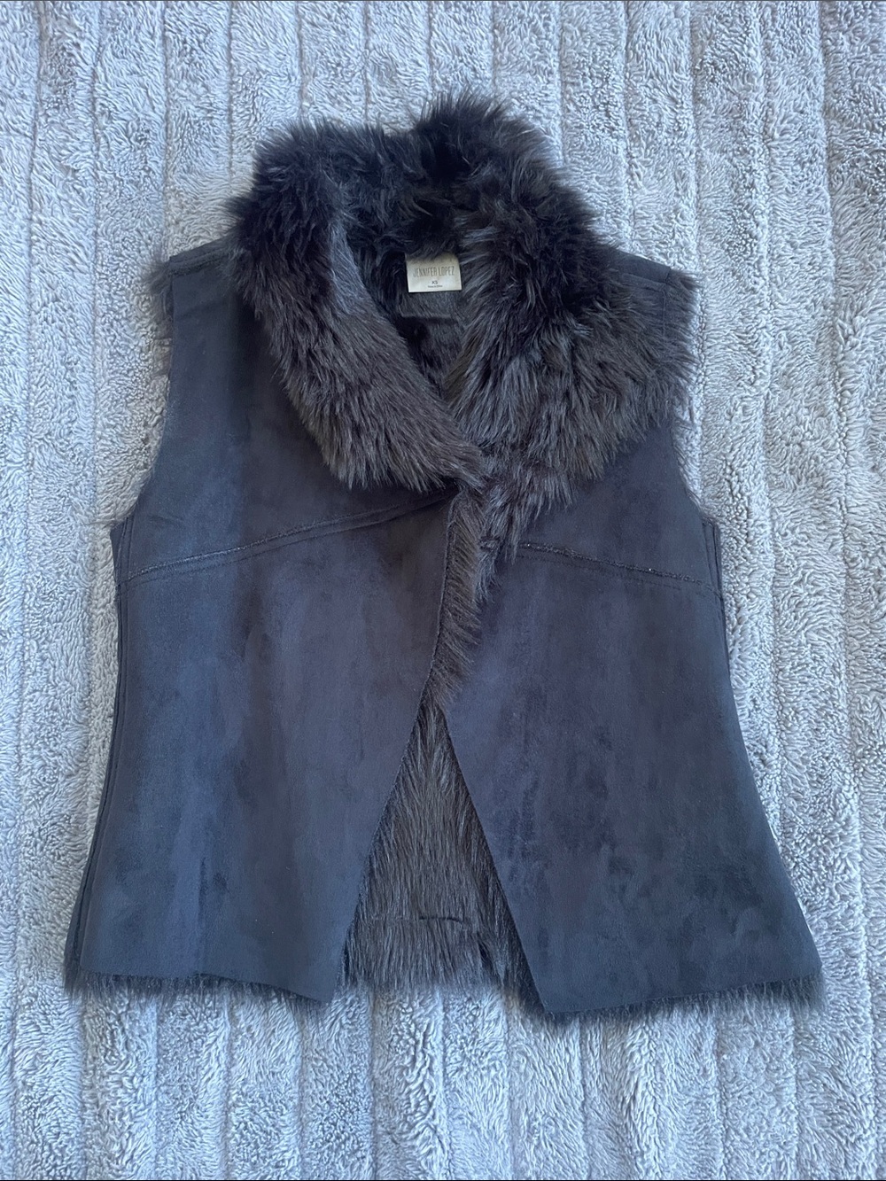 Jennifer Lopez Charcoal Faux Fur Trim Sleeveless Vest